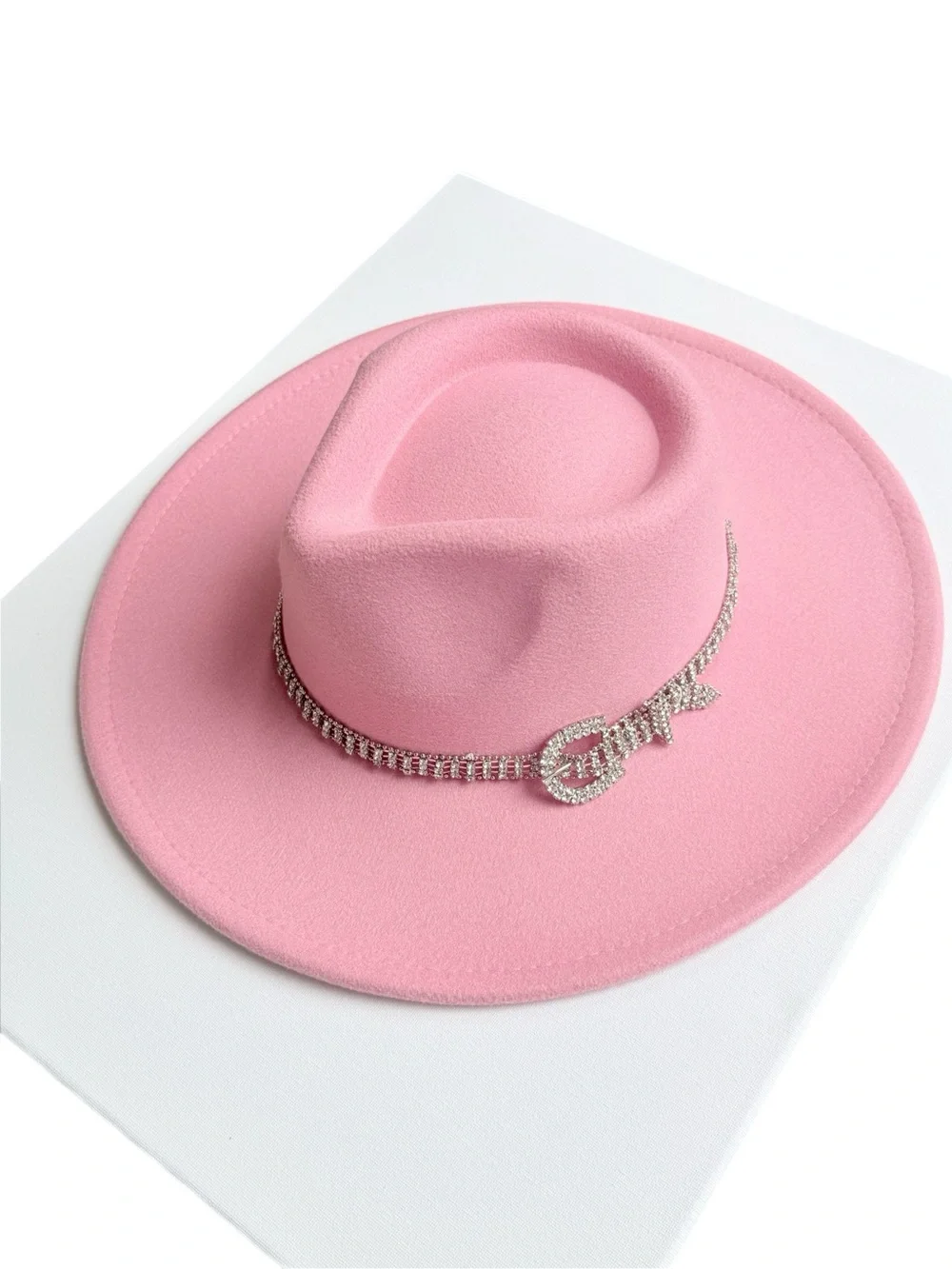 Pink Rhinestone Boutique Style Fedora Wide Brim Hat